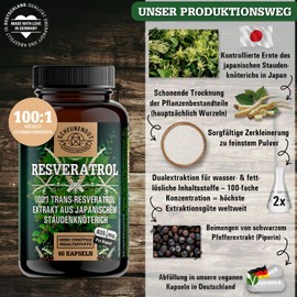 Resveratrol 1000 mg Important: 100:1 Extract (= 100,000 mg Japanese Knotweed Root per Daily Dose) + Piperine 98% Trans-Resveratrol High Dose Laboratory Tested + Vegan DE SCHEUNENGUT®