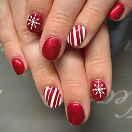 LOPMNGHT Christmas Red Press on Nails Short Square Snowflake False Nails with Red White Stripe Design Winter Xmas Acrylic Nails French Glue on Nails Full Cover Glossy Stick on Nails for Women 24Pcs