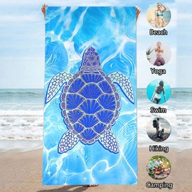 IHAUIUE Sea Turtle Print Beach Towels Microfiber Quick Dry Travel Towel Ocean Sand Free Pool Blanket, Light Blue