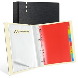 A4 Ring Binder Display Folder, 4 Ring Lever Arch Folders with 100 Punched Pockets and 10 Colorful PP Divider Pages, File Dividers with Plastic Sleeves for Paper Document Presentation (Black)
