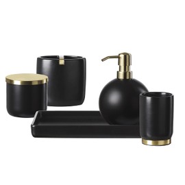 Motifeur Bathroom Accessories Set, 5-Piece Ceramic Bath Accessory Complete Set with Lotion Dispenser/Soap Pump, Cotton Jar, Vanity Tray, Tumbler and Toothbrush Holder (Black and Gold)