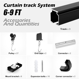 Room divider Ceiling Track set for Curtains with hooks, Corner Connectors(Set of 2) and top brackets Curtain Rail System (6-9 ft Track Set)