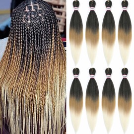 Pre Stretched Braiding Hair 8 Packs - 20 Inch Ombre Braiding Hair,Three Tone Yaki Texture Prestretched Crochet Braids Hair,Professional Synthetic Hair Extension Itch Free Hot Water Setting (20 Inch, 1B/27/613)
