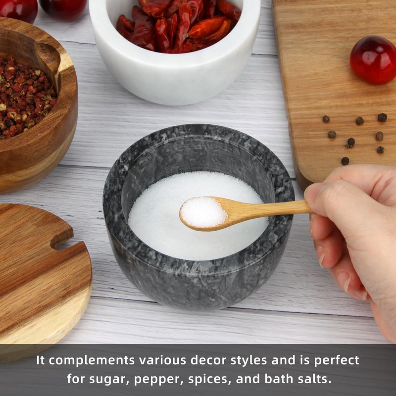 Marble Salt Cellar Box with Wood Lid & Spoon, Modern