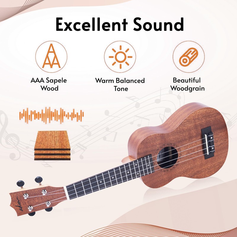 ADM Soprano Ukulele Beginner Kit Mahogany Hawaiian Wood Ukelele Bundle