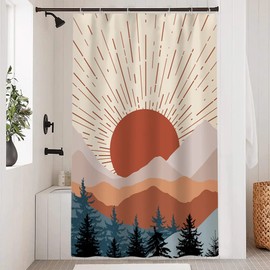 Ruelvth Stall Shower Curtain, Mid Century Boho Sunrise Small Shower Curtain Waterproof Abstract Terracotta Mountain Forest Narrow Shower Curtain Set with Hooks, 48x72 Inch