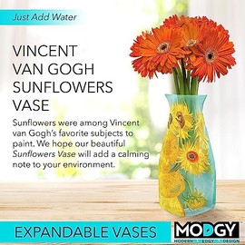 MODGY - Florero plegable y expandible de plástico, irrompible, plegable, centros de mesa decorativos, decoración de mesa, girasoles Van Gogh, 1 paquete