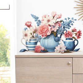 Blue Vase Pink-White Peony Daisy Flower Wall Stickers, sacinora Beautiful Painted Wall Decals Removable Vinyl Peel and Stick for Kitchen Dining Restaurant Living Room Bedroom Kitchen Art Home Decor