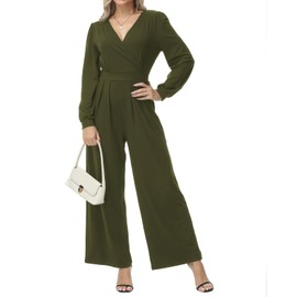 Tanmolo Women's Long Jumpsuit Long Sleeve V-Neck Jumpsuit Elegant Trouser Suit Wide Leg Romper with Pockets, Army Green-QF33