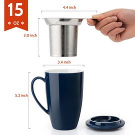 Sweese - Taza de té de cerámica de 15 onzas con infusor y tapa, apta para microondas y lavaplatos, con hojas sueltas extrafinas para té, mango cómodo, juego de té en caja de regalo, color azul oscuro