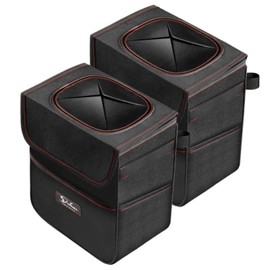 Simple Deluxe 2 Pack Car Trash Can with Lid and Storage Pockets, Leak-Proof Car Garbage Can with Adjustable Straps, Collapsible, Portable and Waterproof Trash Bag for Car, 2 Gallon, Black