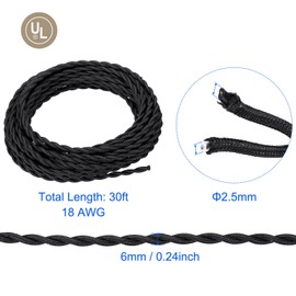 PATIKIL 30 Ft Twisted Cloth Covered Wire, Black UL Listed 18AWG 2-Conductor Vintage Cloth Covered Lamp Cord Replacement Cord for Pendant Light Bulb Industrial DIY Project, Black