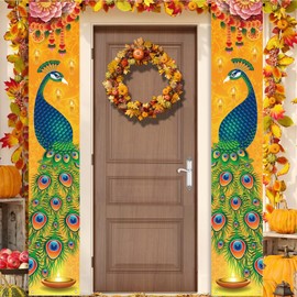 AEHHDL Happy Diwali Porch Banner,Indian Diwali Peacock Front Door Porch Welcome Sign Deepavali Festival of Lights Decorations for Home Doorway-12×71'' (Gold)