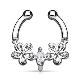 Autiga Nose Piercing Nose Ring Fake Piercing Septum Helix Zirconia Crystals Flower, Brass