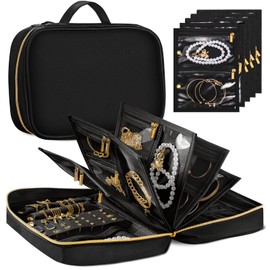 Leather Travel Jewelry Case Organizer,Jewelry Storage Book Binder with Clear Zipper Pouch & Lining-Portable Jewelry Bag for Earrings,Rings,Necklaces,Bracelets-Perfect for Women,Traveling (Black)