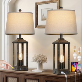 28" Tall Vintage Table Lamp with USB C+A & Outlet,Bronze Industrial End Table Lamp for Living Room,Farmhouse Rustic Bedside Lamp with Night Light for Bedroom Nightstand(4 LED Bulbs Included)