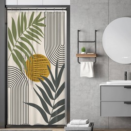 Riyidecor Abstract Leaves Shower Curtain Mid Century Boho Sun Geometric Vintage Simple Modern Plant Minimalist Curve 36Wx72H Inch Aesthetic Fabric Decor Bathroom Polyester Waterproof 7 Pack Hooks