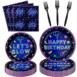 160 Pack Neon Party Supplies Glow Tableware Set Glow Party Plates Glow in The Dark Birthday Plates, Napkins and Forks Blacklight Party Decoration Neon Glow Birthday Party Decoration Favor Serves 40