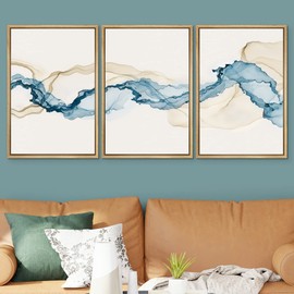 SIGNWIN Framed Canvas Print Wall Art Set Blue Tan Smoke Wave Landscape Abstract Shapes Illustrations Modern Art Decorative Contemporary Colorful for Living Room, Bedroom, Office - 24"x36"x3 Natural
