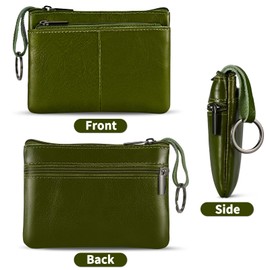 Lidwot Genuine Leather Coin Purse Wallet Mini Zip Change Purse Wallet Coin Pouch with Key Chain 3 Zippers, Green (Army Green), Purse coin bag with key ring, 3 zips