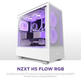 NZXT H5 Flow RGB Compact ATX Mid-Tower PC Gaming Case – High Airflow Perforated Front Panel – Tempered Glass Side Panel – Cable Management – 2 x F140 RGB Core Fans – 280mm Radiator Support – White