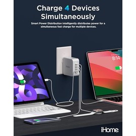 Cargador iHome 140W GAN: Cargador Universal para Laptop de Cuatro Puertos con (3) Puertos USB-C Power Delivery y (1) Puerto USB-A, Cargador de Pared C