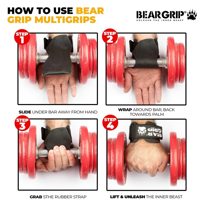 BEAR GRIP Multi Grip Straps/Hooks, Premium Heavy duty weight lifting