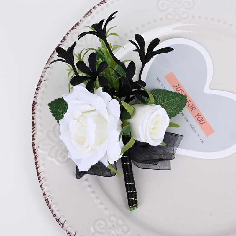 MAFELOE Corsage Boutonniere Set of 2 Pieces, White+Black (Y3-GH)