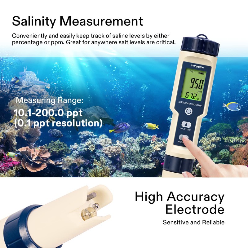 VIVOSUN 5-in-1 Digital PH Meter with PH/Salinity/TDS/EC/Temperature Function, Backlight Screen,