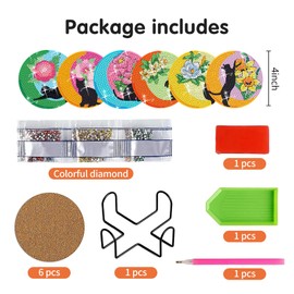 Eunoir Diamond Painting Coasters Kits, Diamond Art Coasters with Holder, Crafts Kits for DIY Coasters, Diamond Art Kits for Adults (6 Pcs Black Cat)