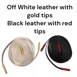 Strings Luxury Leather Shoelaces Off White/Gold Metal tips Black/Red tips.