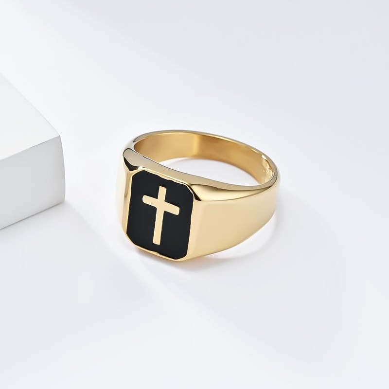 PAMTIER Men's Vintage 15mm Cross Crucifix Biker Ring Gold Size
