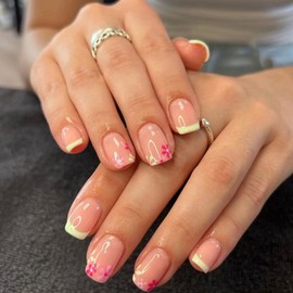 24 Pcs Pink Press on Nails Short Square,YIHONGYUAN Fake Nails Press ons Yellow French Nail Tips Acrylic Kit Glue on Nails Full Cover False Nails with Flowers Glossy Design Stick on Nails for Woman