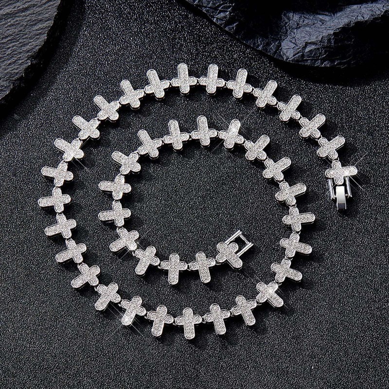 Xikui Rhinestone Cross-style Cuban Chain, Silver-plated Gold-plated Bling Necklace, 13MM