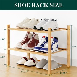 Smiry Shoe Rack, 2 Tier Small Bamboo Shoe Organizer, Stackable Free Standing Wooden Shoe Storage Shelf for Closet, Entryway, Front Door Entrance, Natural