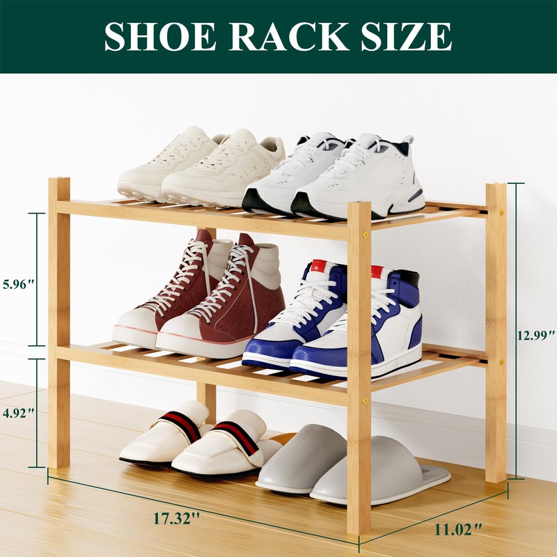 Smiry Shoe Rack, 2 Tier Small Bamboo Shoe Organizer, Stackable