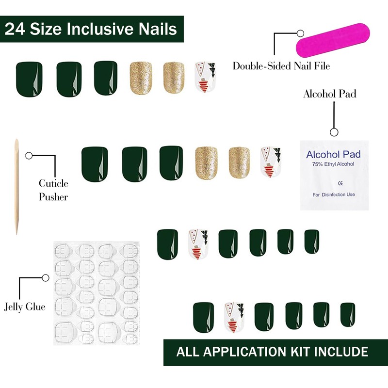 Christmas Press on Nails Short Square OFDNE Green & Gold