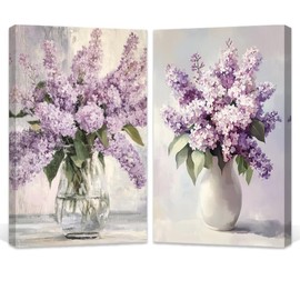 ZQQART Lilacs Wall Art for Bathroom Set 2 Purple Floral Canvas Art Farmhouse Flower Paintings Living Room Decor Framed(Purple,11.00"x14.00"x2P)