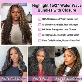 Highlight Water Wave Bundles with Closure Human Hair Honey Brown Balayage Curly Wave Human Hair Bundles 1B/27 Colored Human Hair 3 Bundles with 4x4 HD Lace Closure Free Part (14 16 18+12)