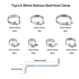 71 Piece Hose Clamp Set, Stainless Steel Adjustable Pipe Clamps 8-38 mm, Hose Clamps for Fuel Pump, House Gas Pipe, Pool, Washing Machine