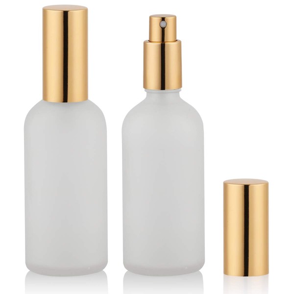 Glass Spray Bottle 3.4oz, Empty Frosted Perfume Atomizer, Fine Mist Spray,Gold Sprayer (2 PACK)