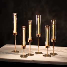 NUPTIO Hurricane Candle Holder for Candlestick: 6 Pcs Gold Taper Candle Holders - Tall Modern Candles Stick Holder with Cylinder Shape Cover for Dinner Table Centerpiece Decor