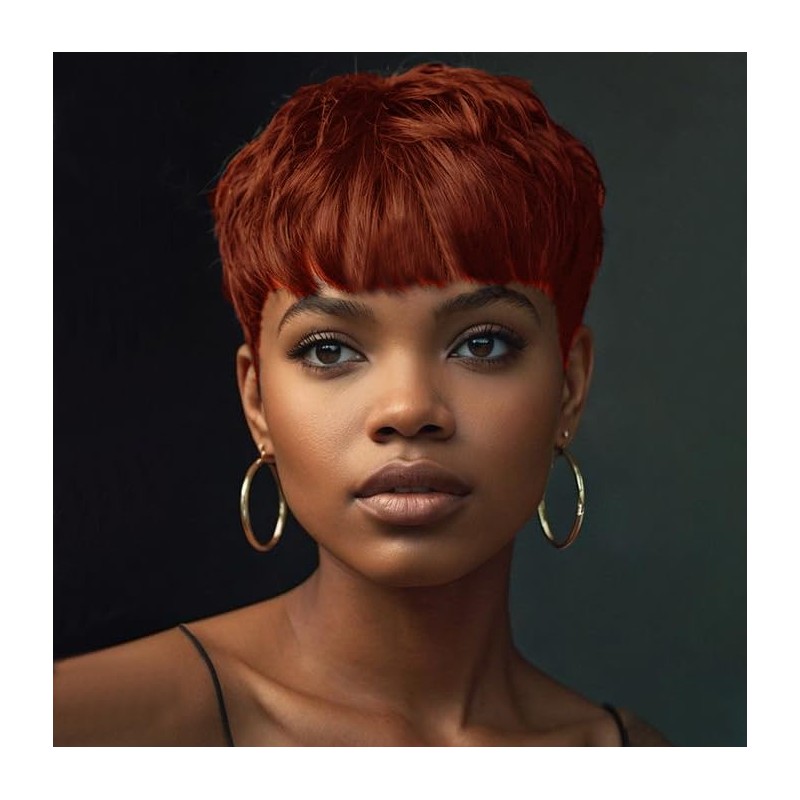 Short Pixie Cut Wig with Bangs, Layered Wavy Style, Black,