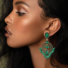 EVER FAITH Fashion Rhinestone Crystal Statement Dangle Drop Earrings, Prom Teardrop Two Circle Chandelier Earrings for Woman Green Gold-Tone