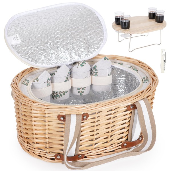 Zettfuly Picnic Basket Set for 4 - Wicker Insulated Picnic