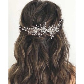 Wedity Bridal Headband Rhinestone Silver Wedding Flower Hair Vine Leaf Bridal Hairpiece Beads Hair Accessories for Women and Girls