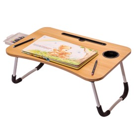 OHAHO Laptop Bed Desk, Foldable Lap Table with Cup Holder, Tablet Slot, Portable Stand for Working, Writing, Drawing (Brown)