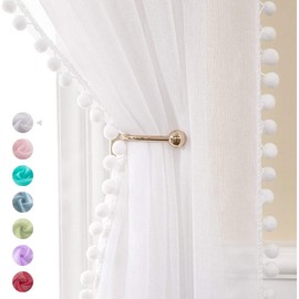 Miulee Voile Curtain Transparent with Pompoms Curtain Made of Voile Polyester Rod Pull Transparent Living Room Air Decorative Curtain for Bedroom - Set of 2