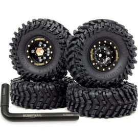 HOBBYSOUL Brass 1.0 beadlock Wheels and Tires 64mm Tall 1/24 1/18 Tyres & Heavy 1'' Adjustable Offset Rims for RC Micro Crawler TRX4M SCX24 Upgrades, HS701462