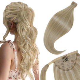 LaaVoo Ponytail Hair Extensions Real Human Hair Dark Ash Blonde Highlighted Light Blonde Ponytail Hair Extensions Human Hair For Women Blonde Ponytail Extensions Real Hair Wrap Around 16 Inch 80g